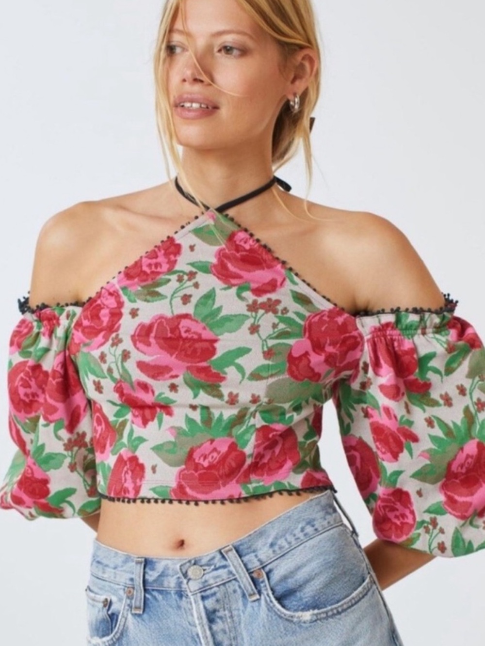 Anthropologie Frida of the shoulder Floral Puff-Sleeve Crop Top